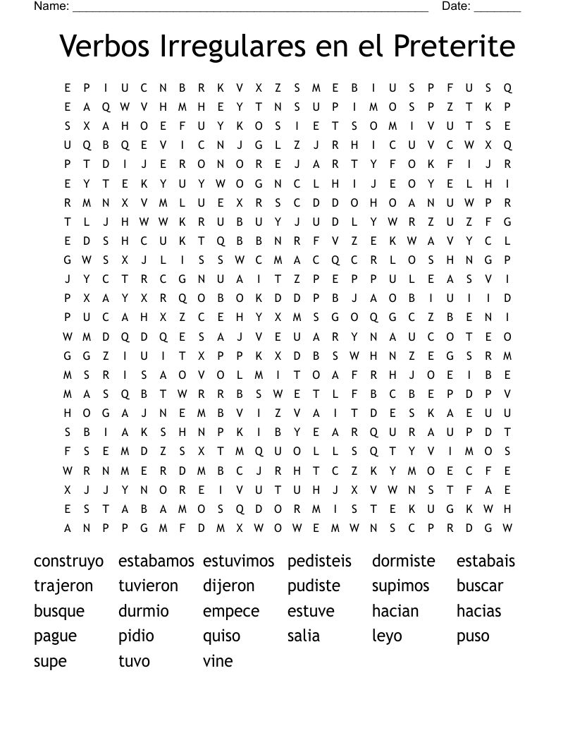 Verbos Irregulares en el Preterite Word Search