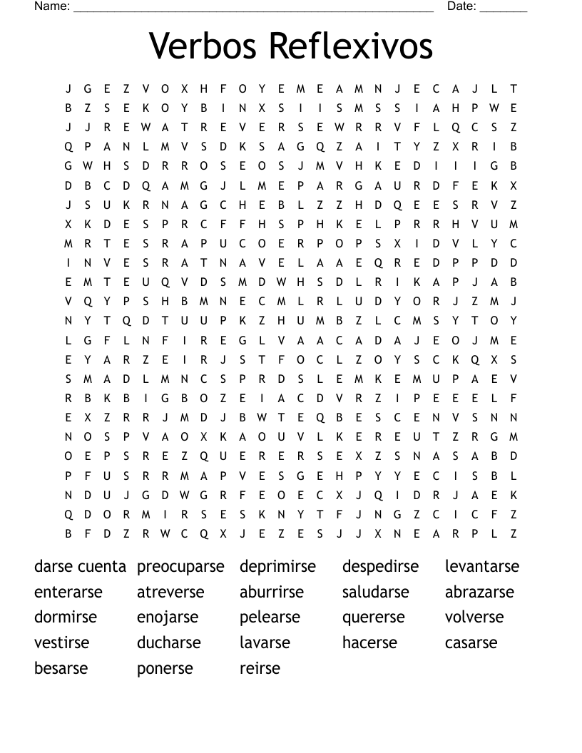Verbos Reflexivos Word Search