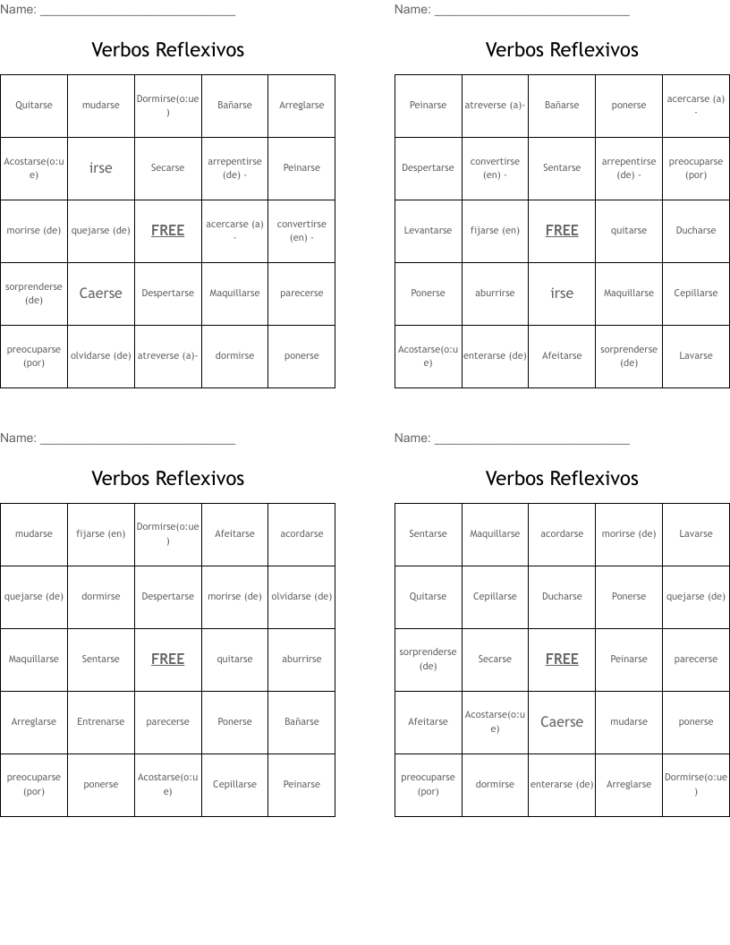 Verbos Reflexivos Bingo Cards