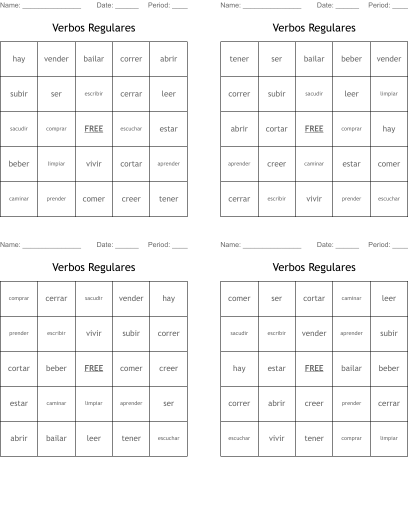 Verbos Regulares Bingo Cards