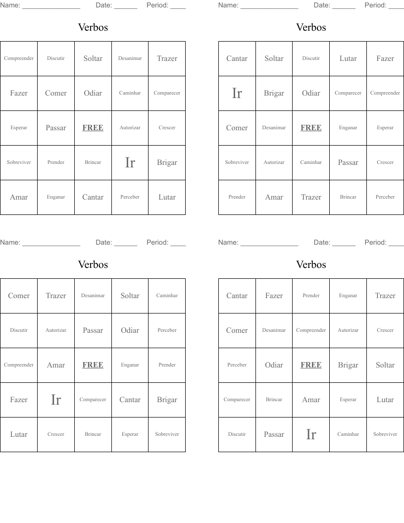 Verbos  Bingo Cards