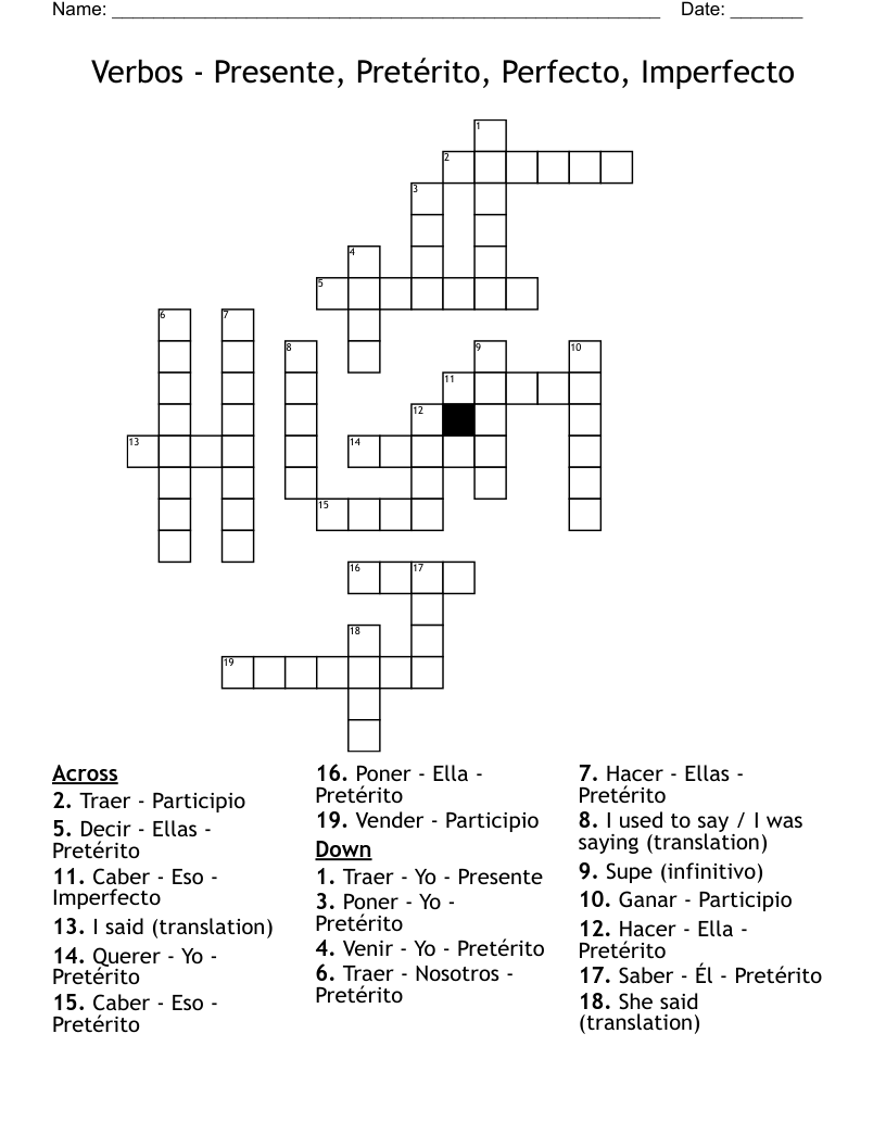 Verbos - Presente, Pretérito, Perfecto, Imperfecto Crossword