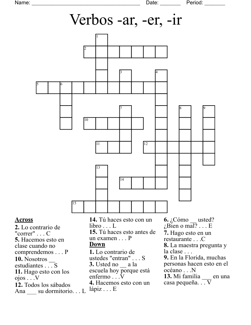 Verbos -ar, -er, -ir Crossword