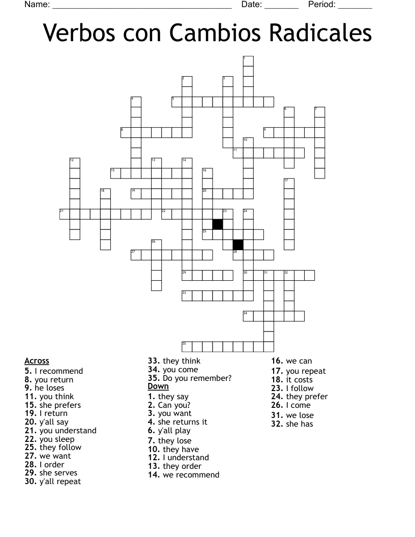 Verbos con Cambios Radicales Crossword