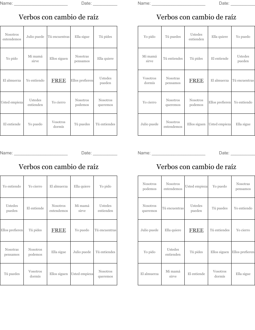 Verbos con cambio de raíz Bingo Cards