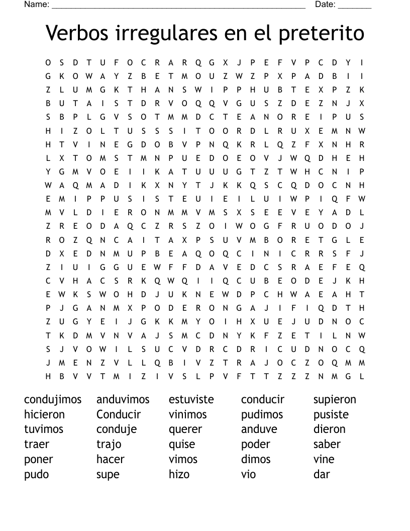 Verbos irregulares en el preterito  Word Search