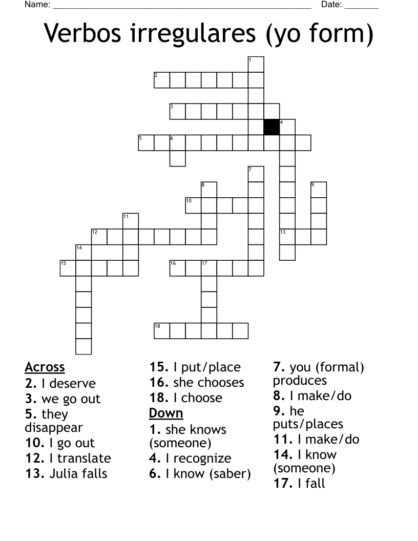 Verbos irregulares (yo form) Crossword