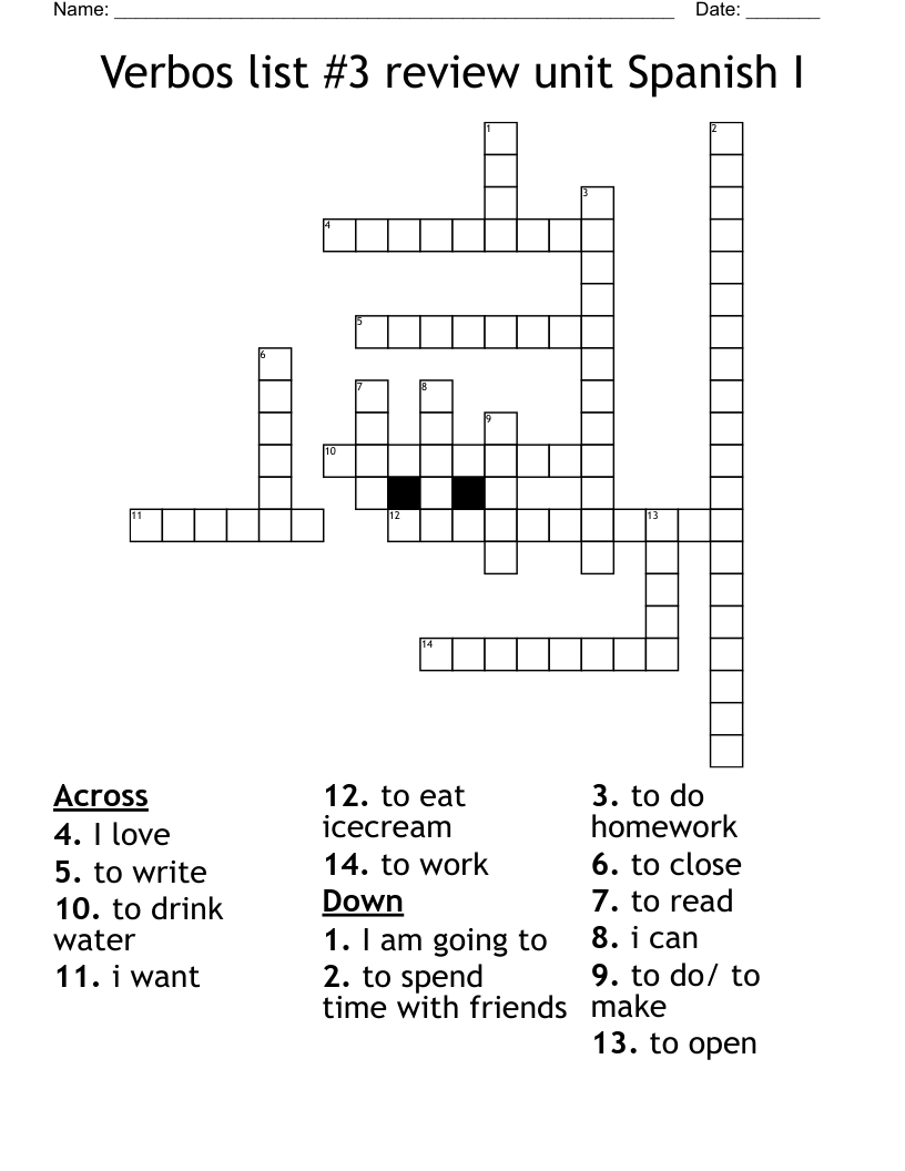 Verbos list #3 review unit Spanish I  Crossword