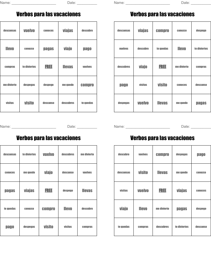 Verbos para las vacaciones Bingo Cards