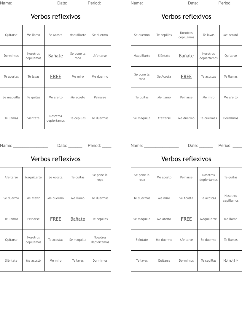 Verbos reflexivos  Bingo Cards