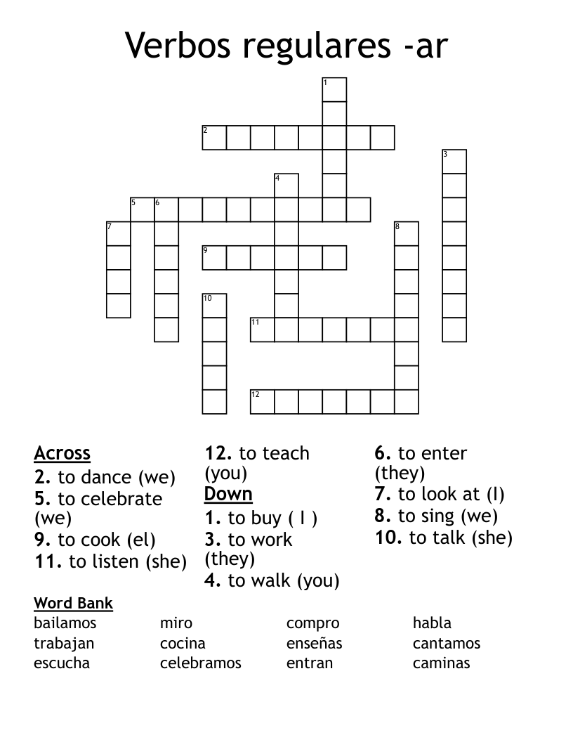 Verbos regulares -ar Crossword