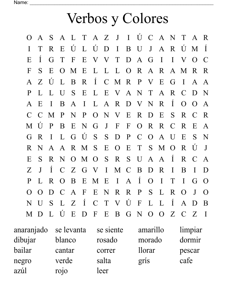 Verbos y Colores Word Search