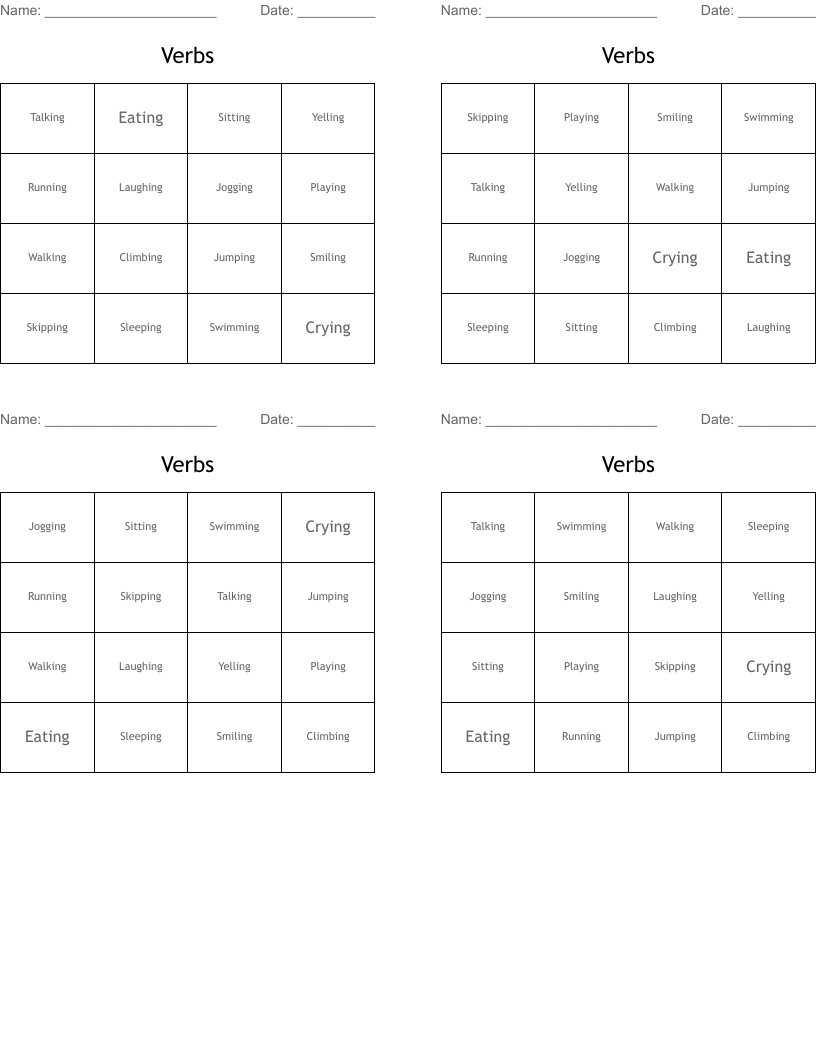 Verbs Bingo Cards