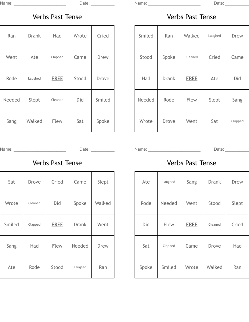 Verbs Past Tense Bingo Cards