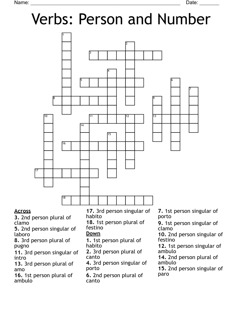 Verbs: Person and Number Crossword