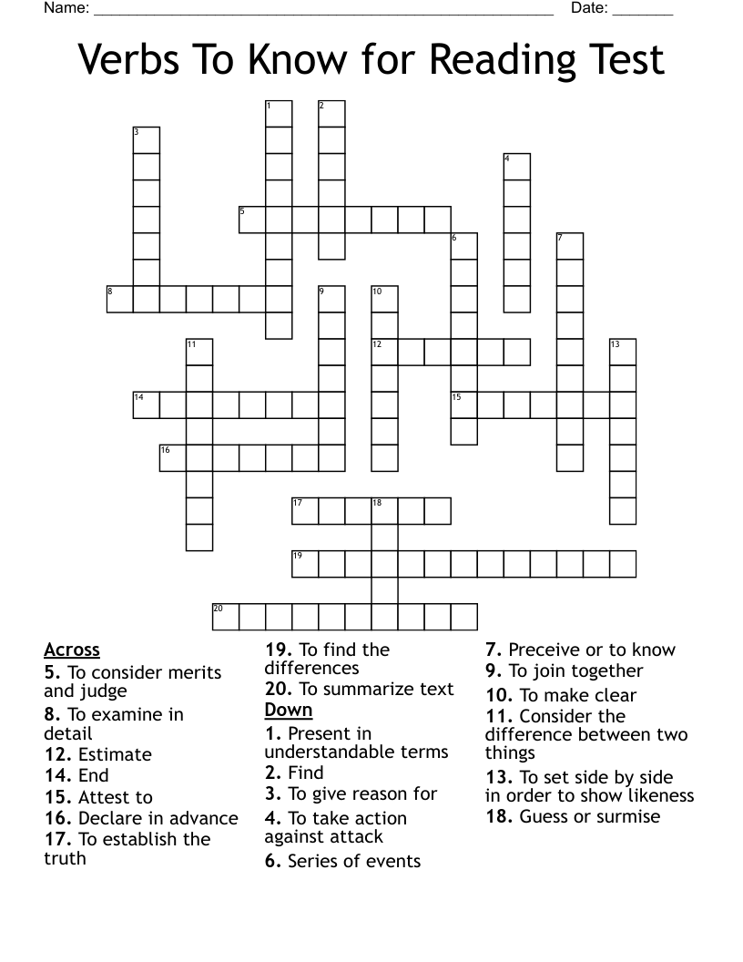Verbs To Know for Reading Test Crossword