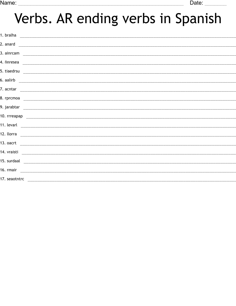 Verbs.  AR ending verbs in Spanish Word Scramble