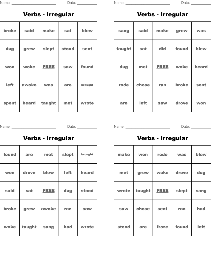 Verbs - Irregular Bingo Cards