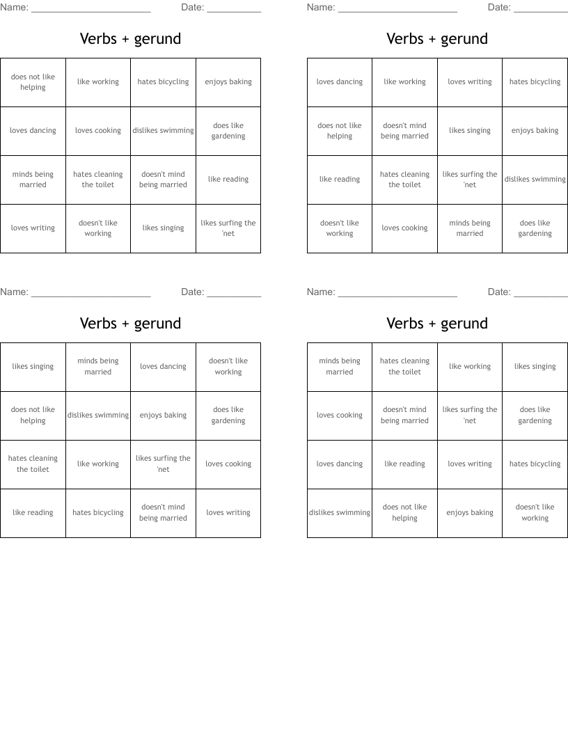 Verbs + gerund Bingo Cards