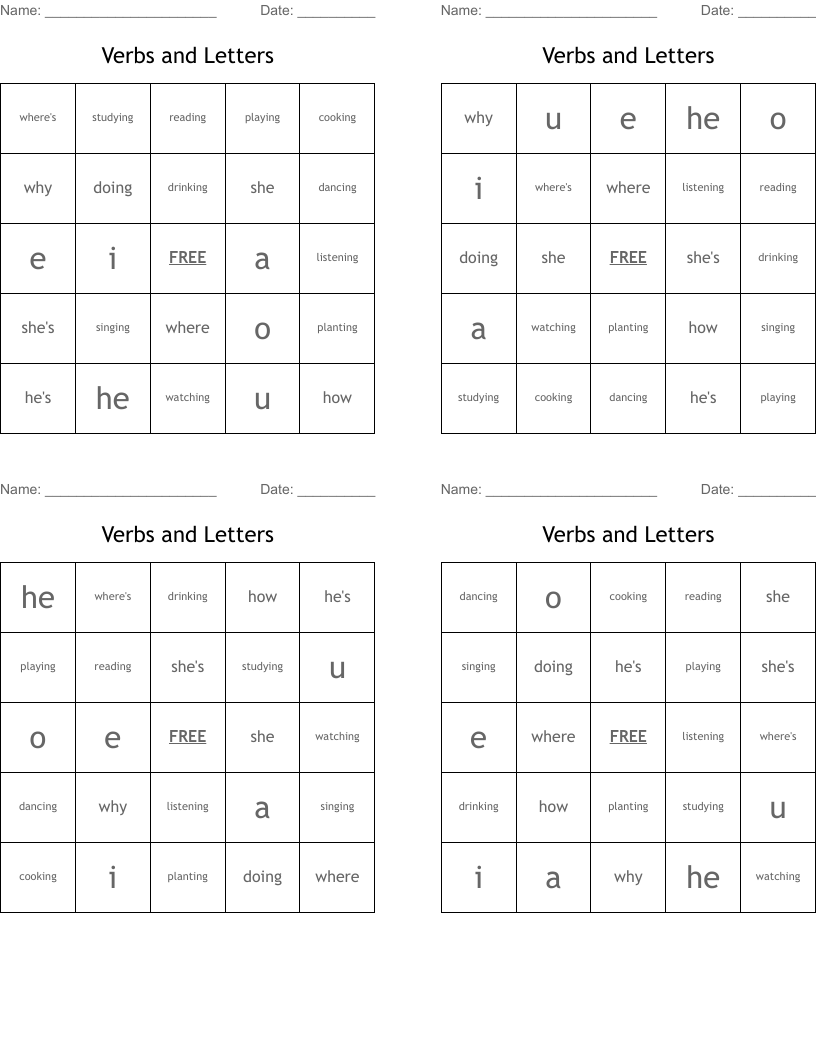 Verbs and Letters Bingo Cards