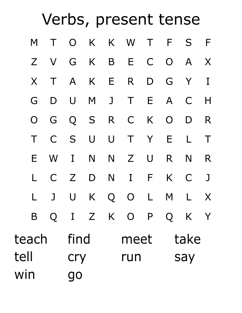 Verbs, present tense Word Search