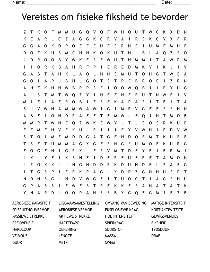 Vereistes om fisieke fiksheid te bevorder Word Search
