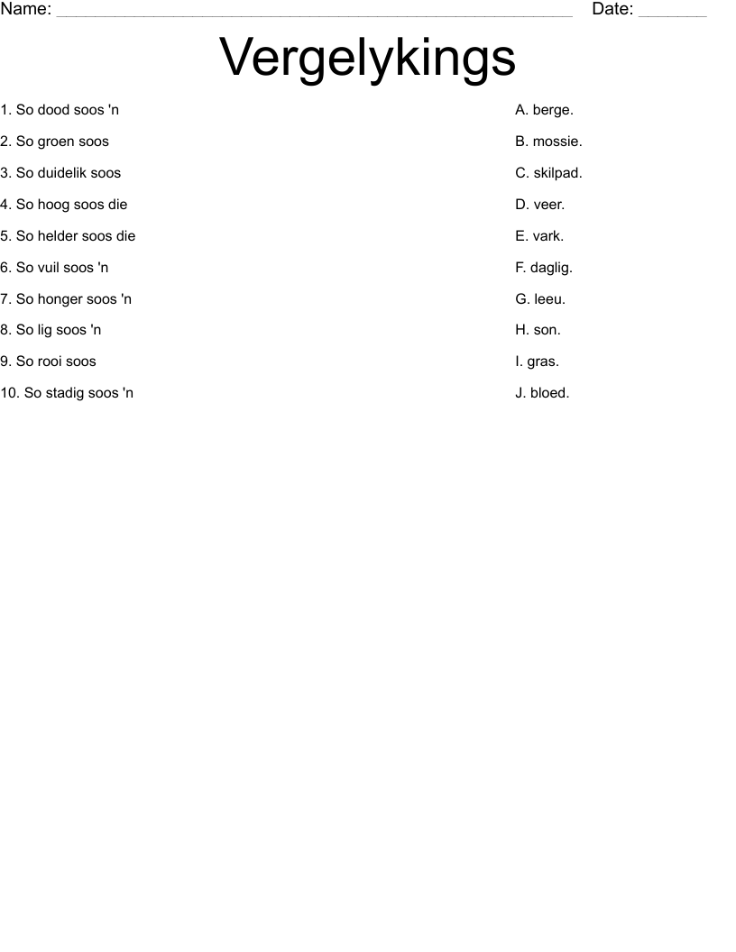 Vergelykings Worksheet