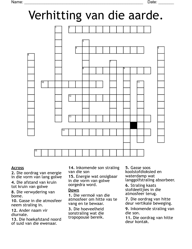 Verhitting van die aarde. Crossword