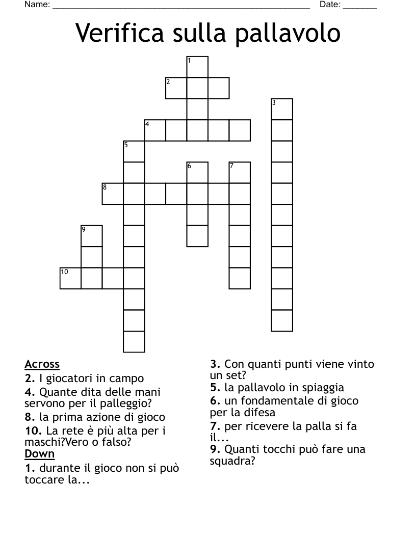 Verifica sulla pallavolo Crossword