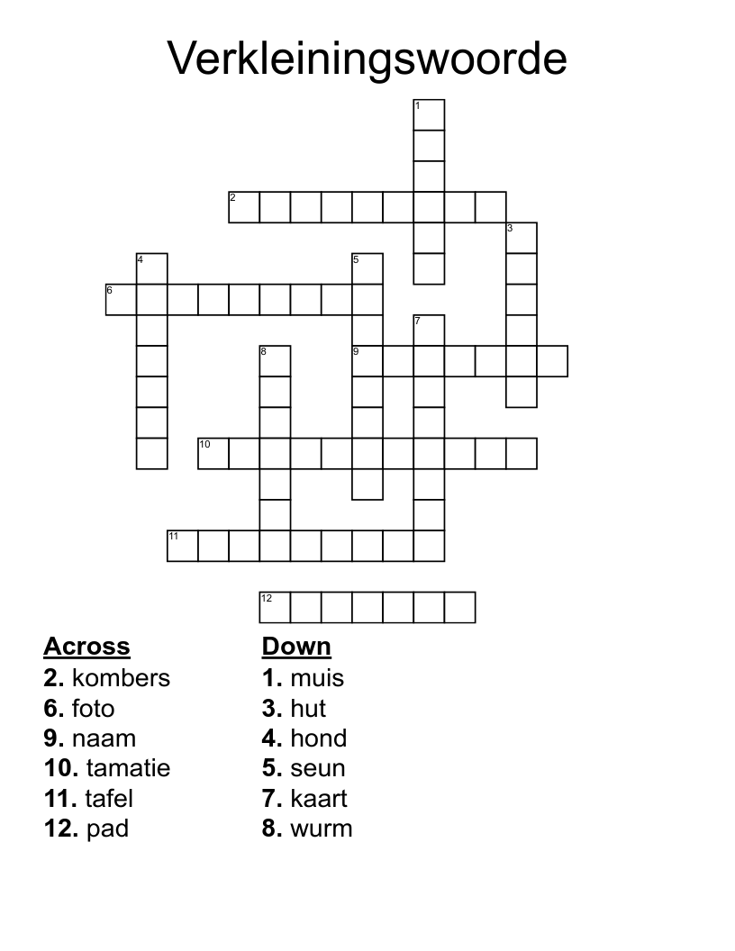 Verkleiningswoorde Crossword