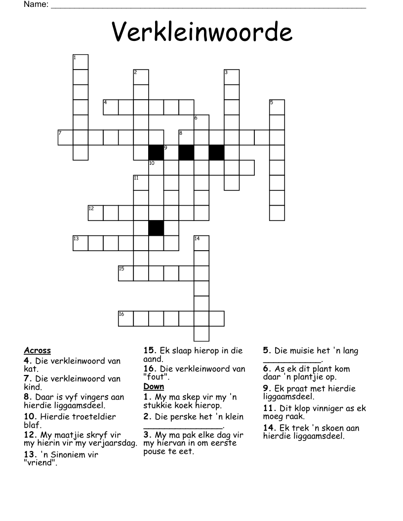 Verkleinwoorde Crossword