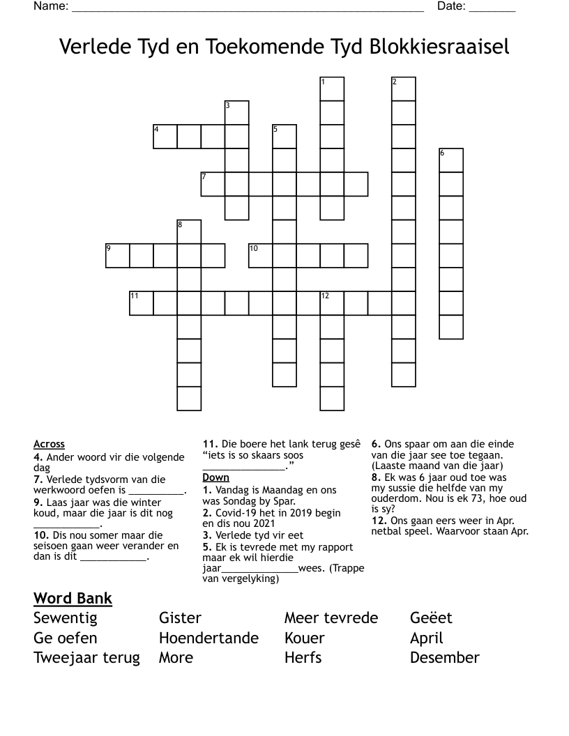 Verlede Tyd en Toekomende Tyd Blokkiesraaisel Crossword