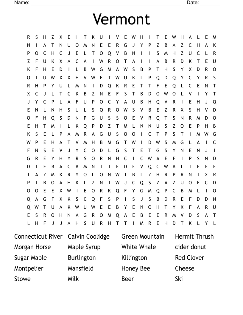Vermont Word Search