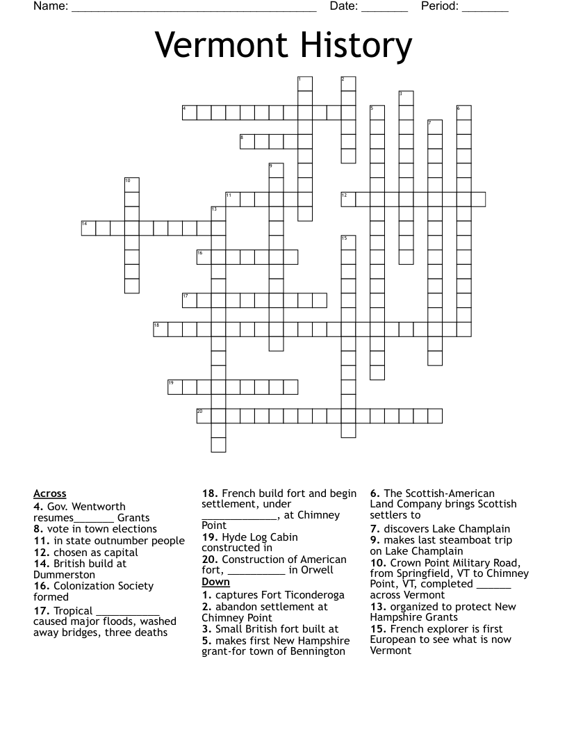 Vermont History Crossword
