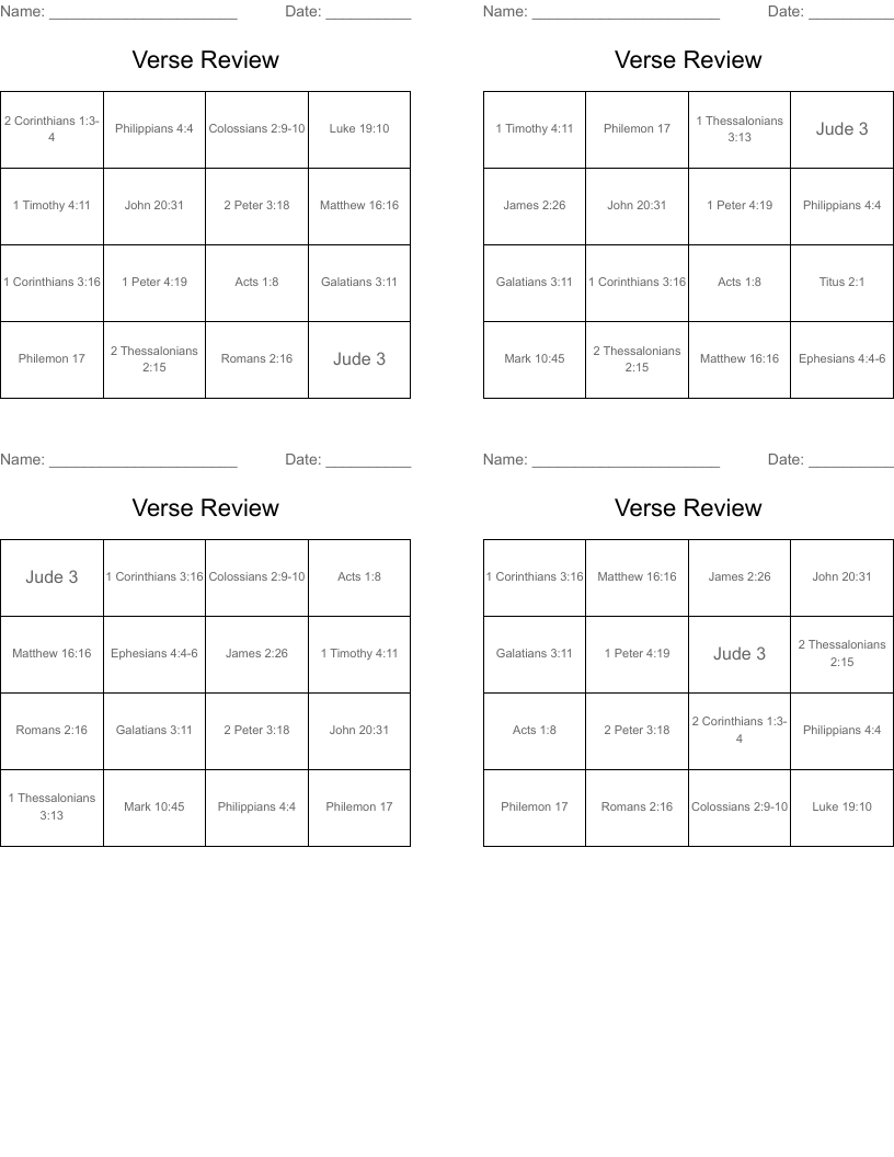 Verse Review Bingo Cards