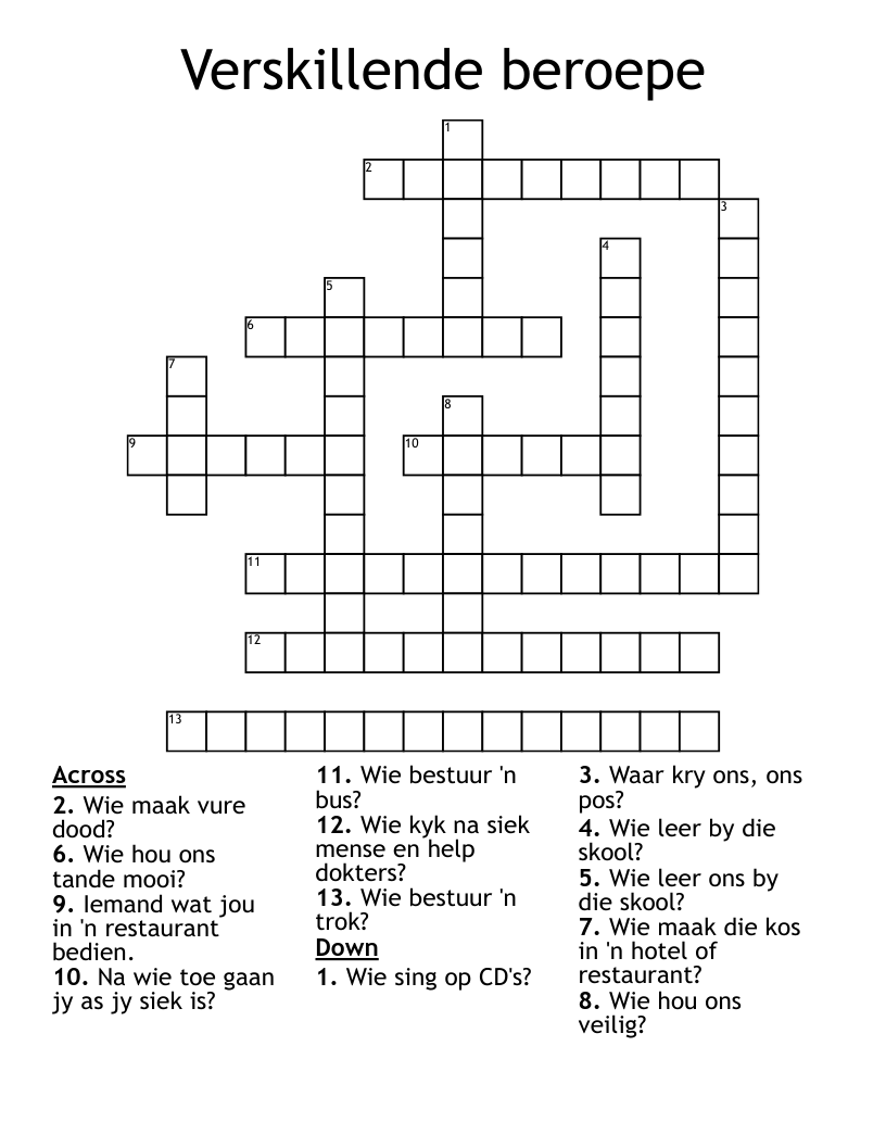 Verskillende beroepe Crossword