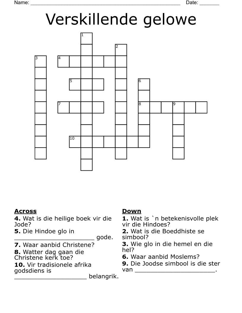 Verskillende gelowe Crossword