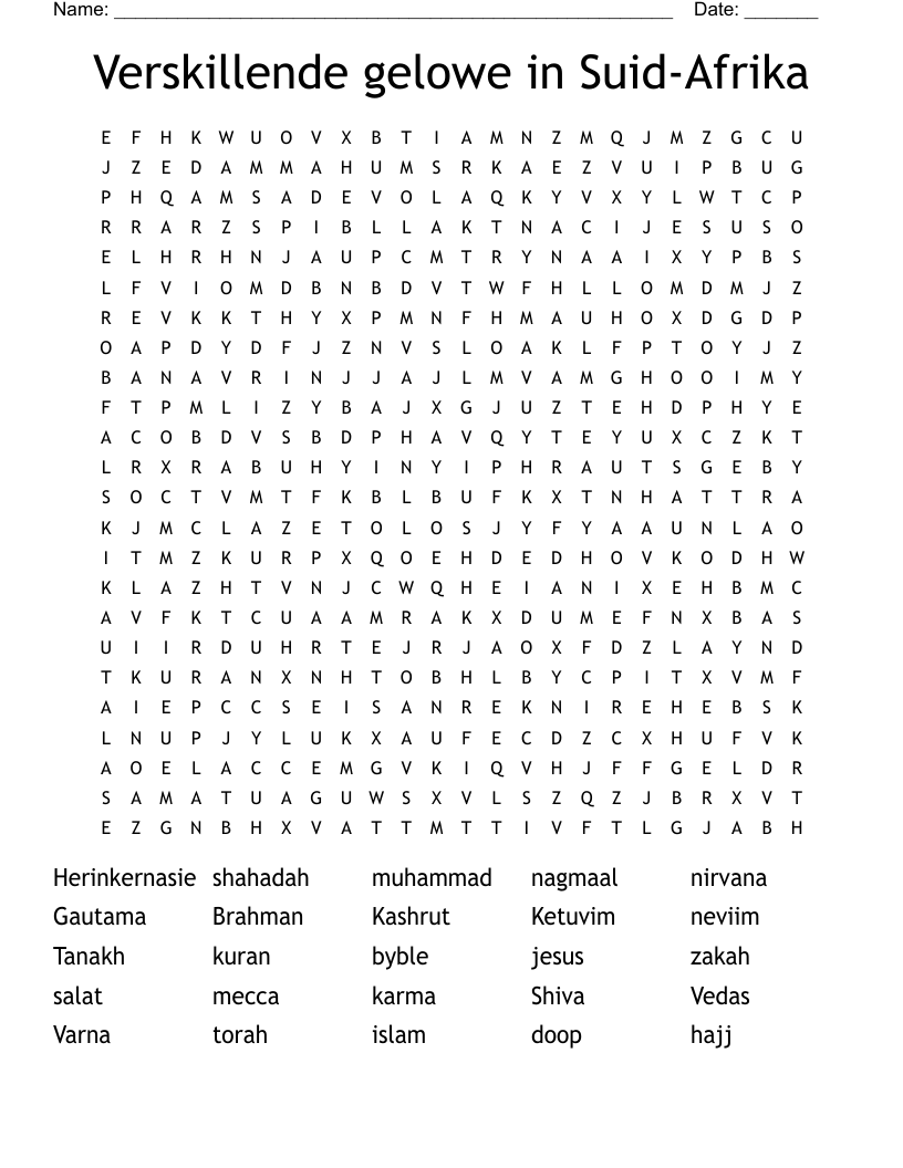 Verskillende gelowe in Suid-Afrika Word Search