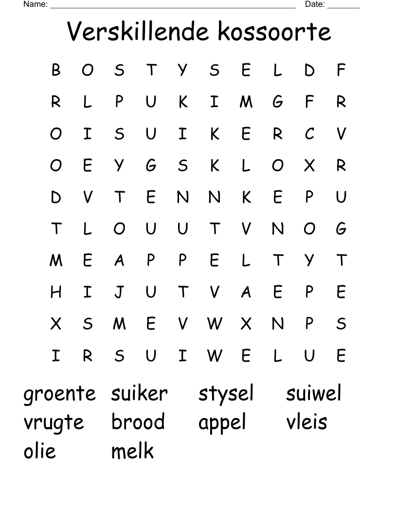 Verskillende kossoorte Word Search