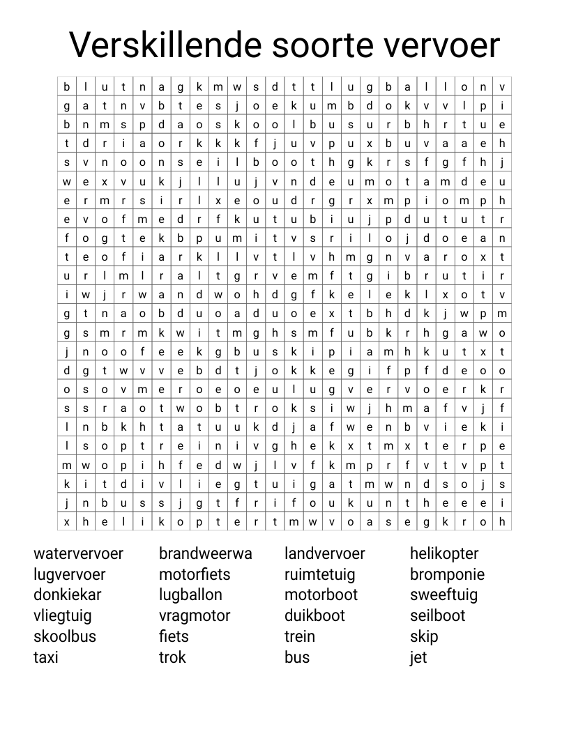 Verskillende soorte vervoer Word Search