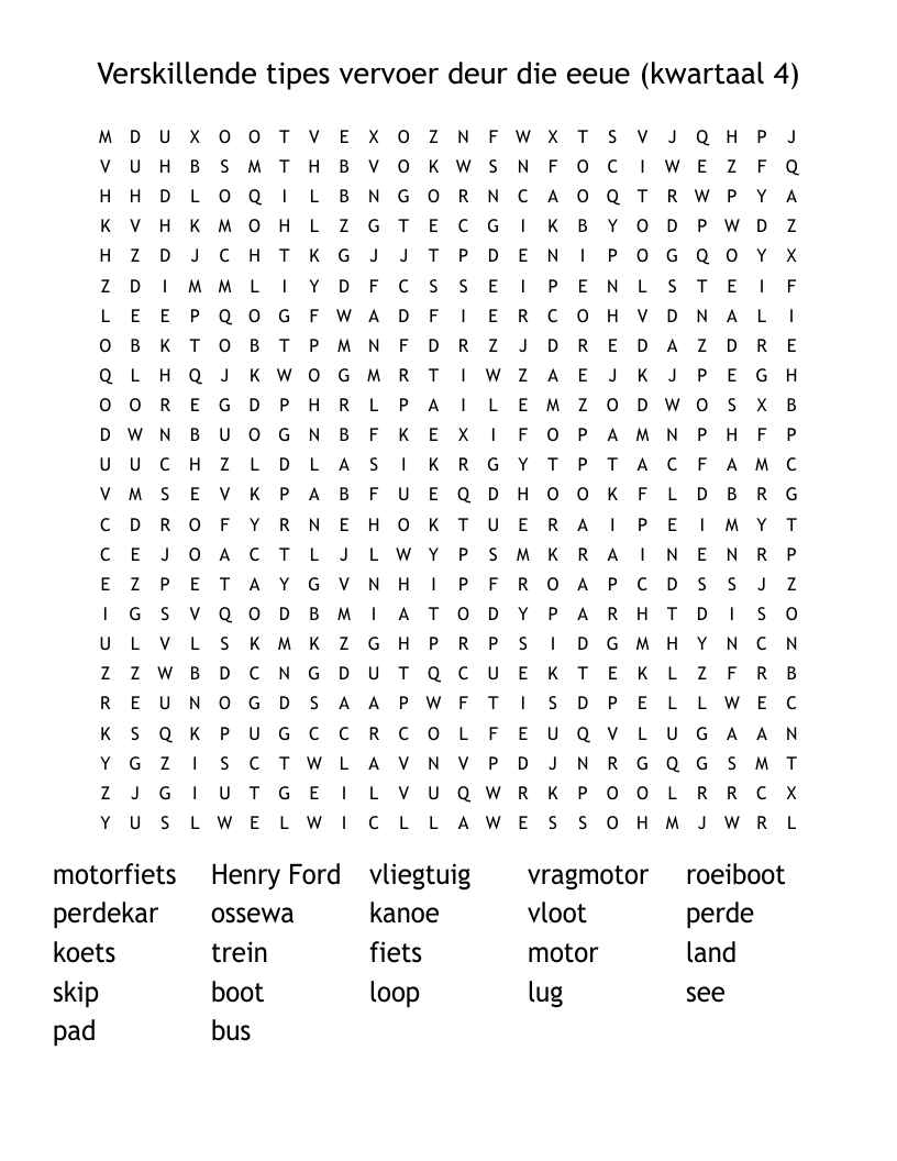 Verskillende tipes vervoer deur die eeue (kwartaal 4)  Word Search
