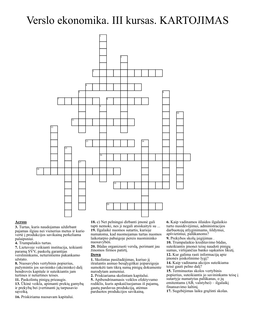 Verslo ekonomika. III kursas. KARTOJIMAS Crossword