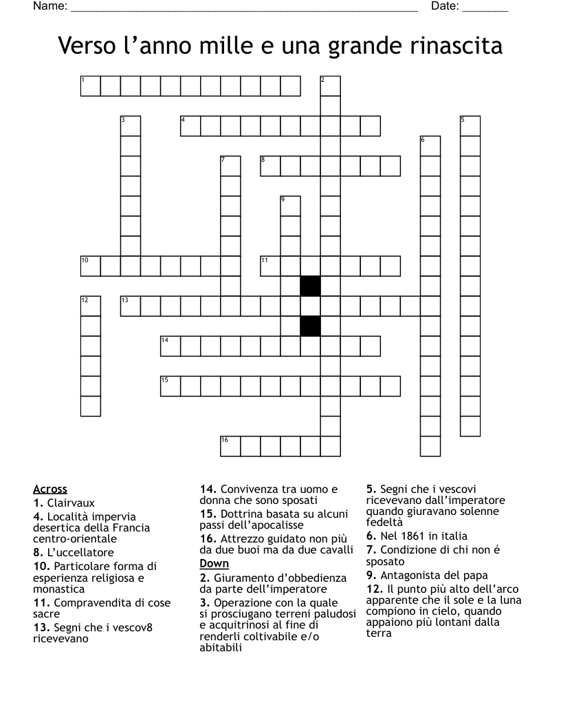 Verso l’anno mille e una grande rinascita Crossword