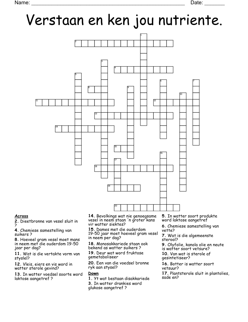 Verstaan en ken jou nutriente. Crossword