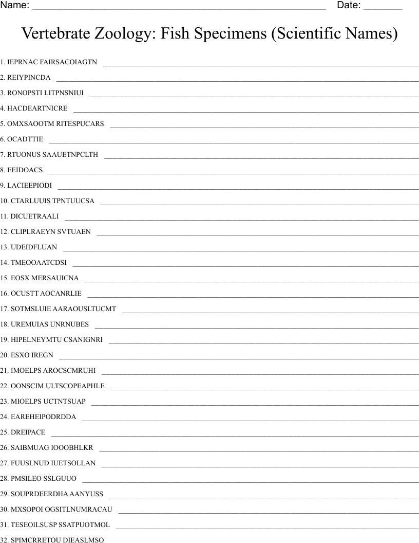Vertebrate Zoology: Fish Specimens (Scientific Names) Word Scramble