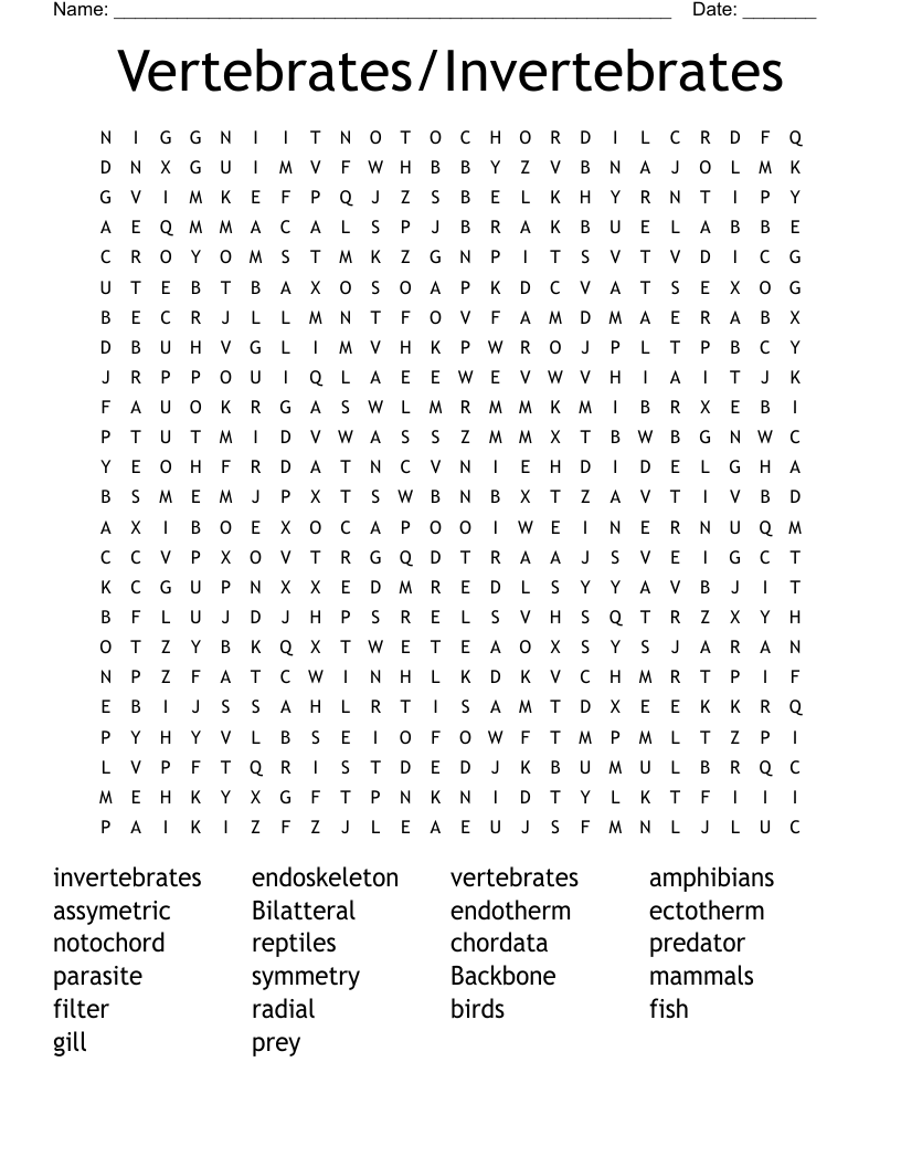 Vertebrates/Invertebrates Word Search