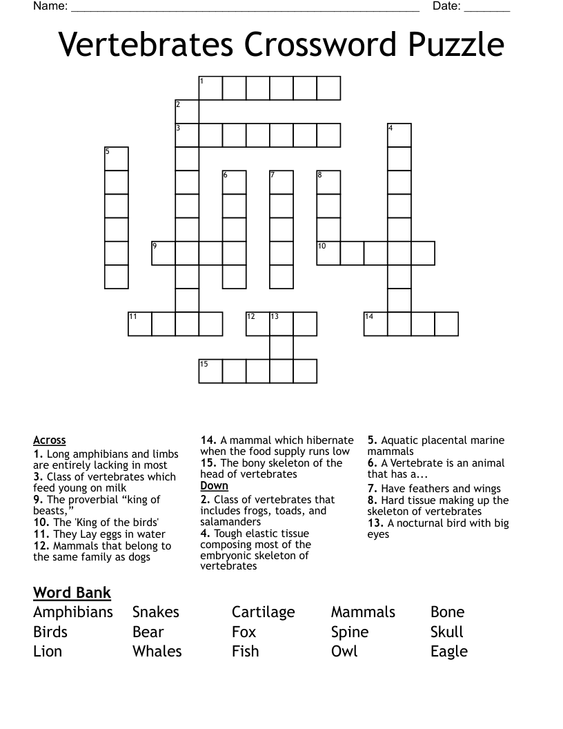 Vertebrates Crossword Puzzle