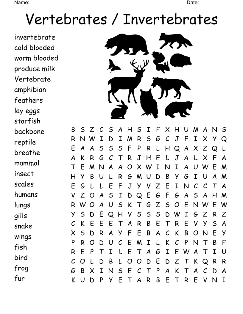 Vertebrates / Invertebrates Word Search