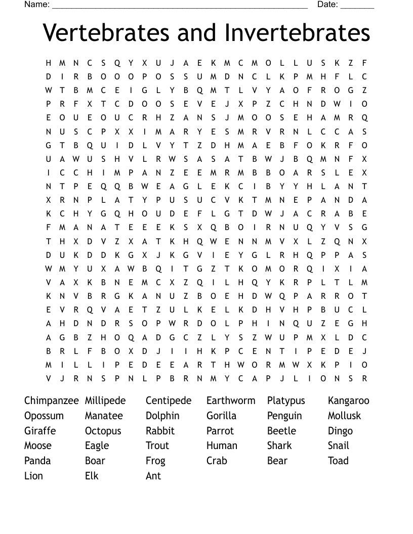 Vertebrates and Invertebrates Word Search