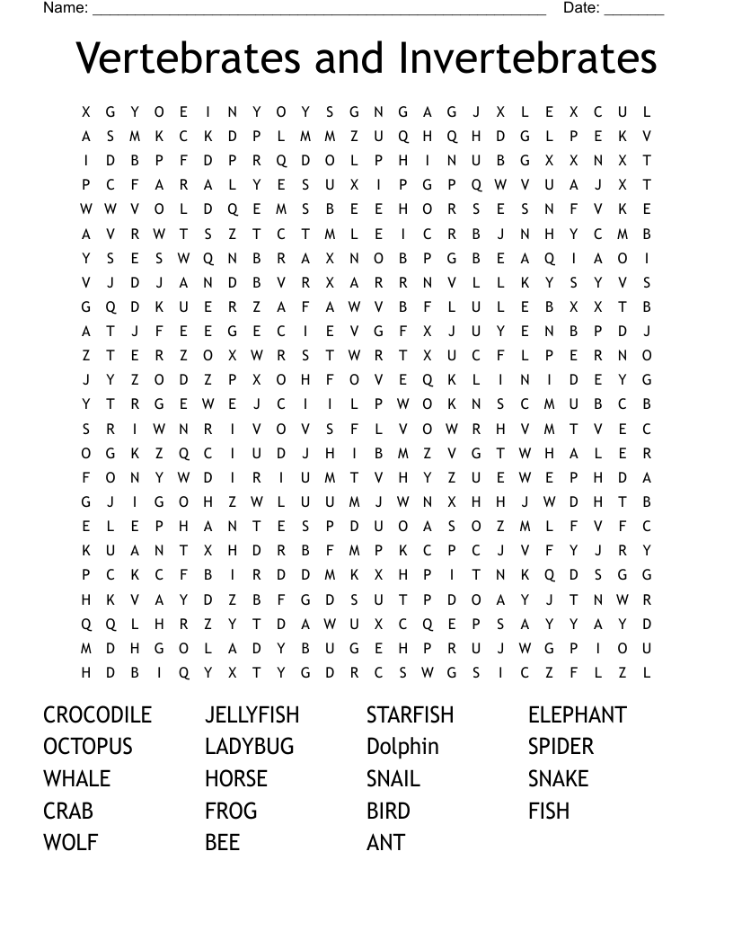 Vertebrates and Invertebrates Word Search